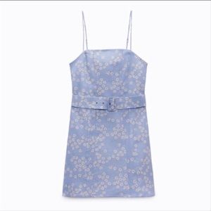 Zara Blue Linen Blend Floral Belted Mini Night Out Dress